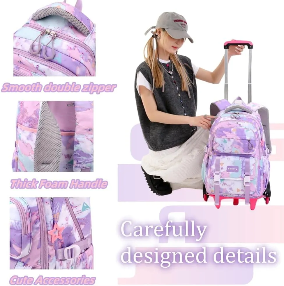 EKUIZAI Girls Trolley Backpack Set Cute Colorful Girls Rolling Backpack Middle School Trolley Schoolbag with Wheels