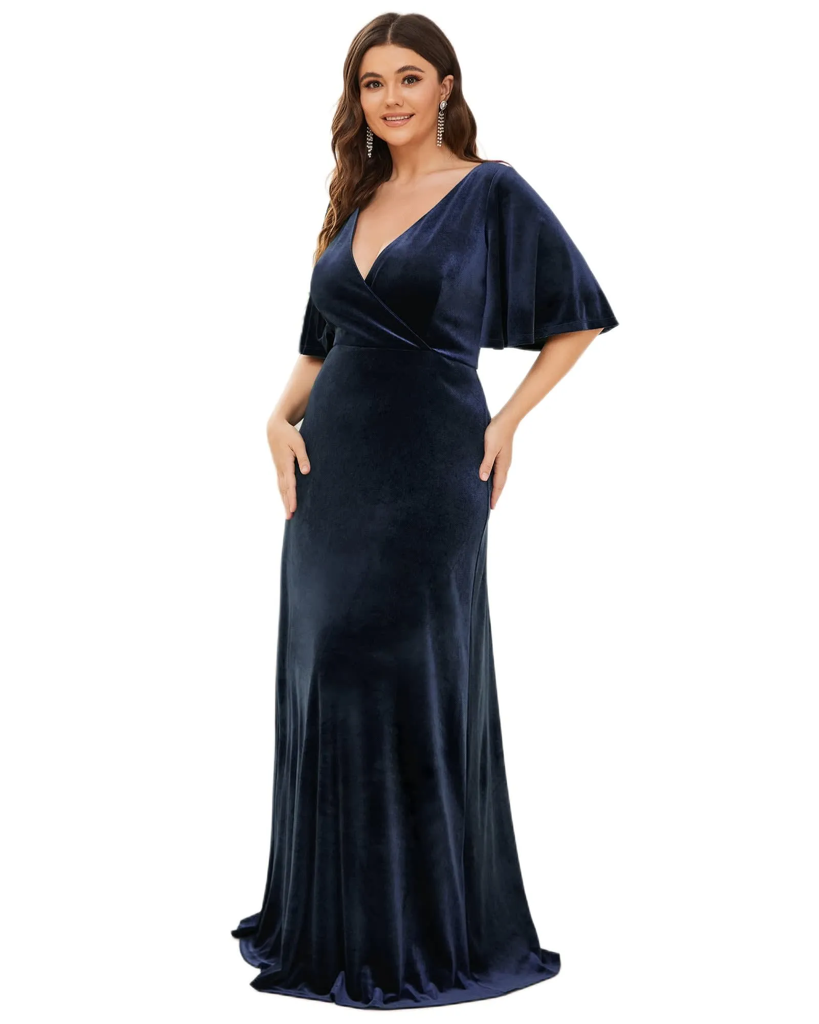 Elegant Double V Neck Velvet Party Dress with Sleeves | Navy Blue