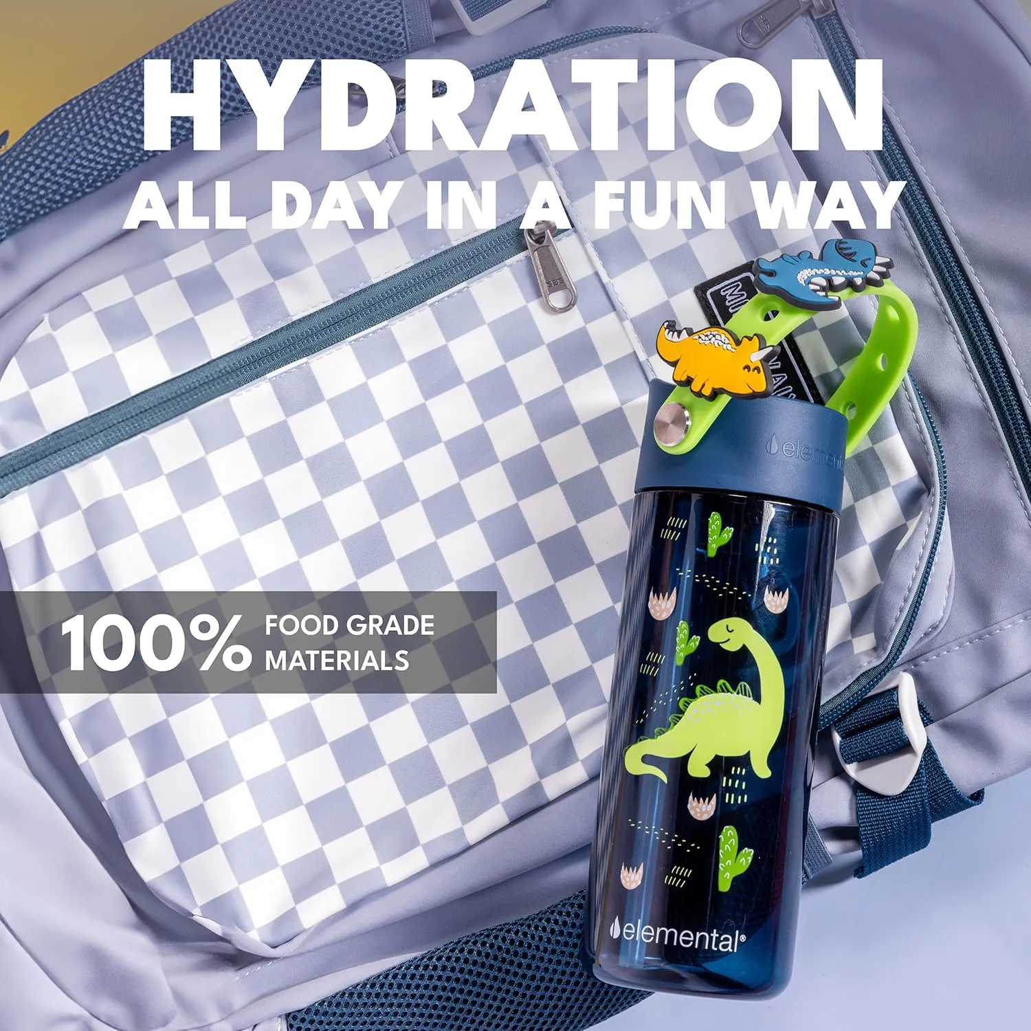 Elemental Water Bottles for Kids - Splash Kids Water Bottle for School with Fun Charm Handle - BPA Free Tritan Plastic Bottle with Straw Leak Proof When Spout is Closed - 18oz - Dinosaur Friends