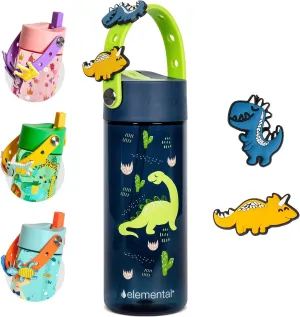 Elemental Water Bottles for Kids - Splash Kids Water Bottle for School with Fun Charm Handle - BPA Free Tritan Plastic Bottle with Straw Leak Proof When Spout is Closed - 18oz - Dinosaur Friends