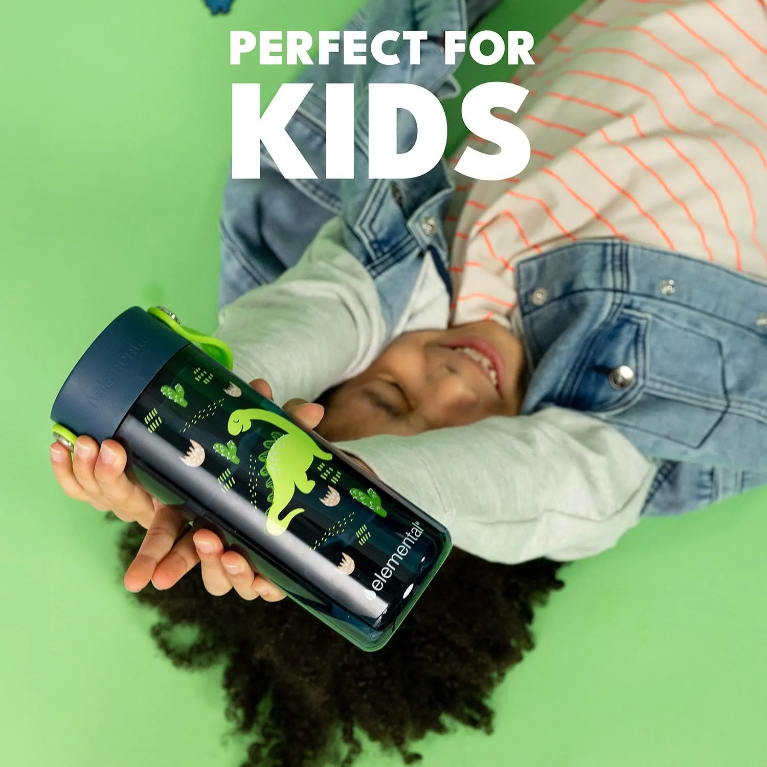 Elemental Water Bottles for Kids - Splash Kids Water Bottle for School with Fun Charm Handle - BPA Free Tritan Plastic Bottle with Straw Leak Proof When Spout is Closed - 18oz - Dinosaur Friends