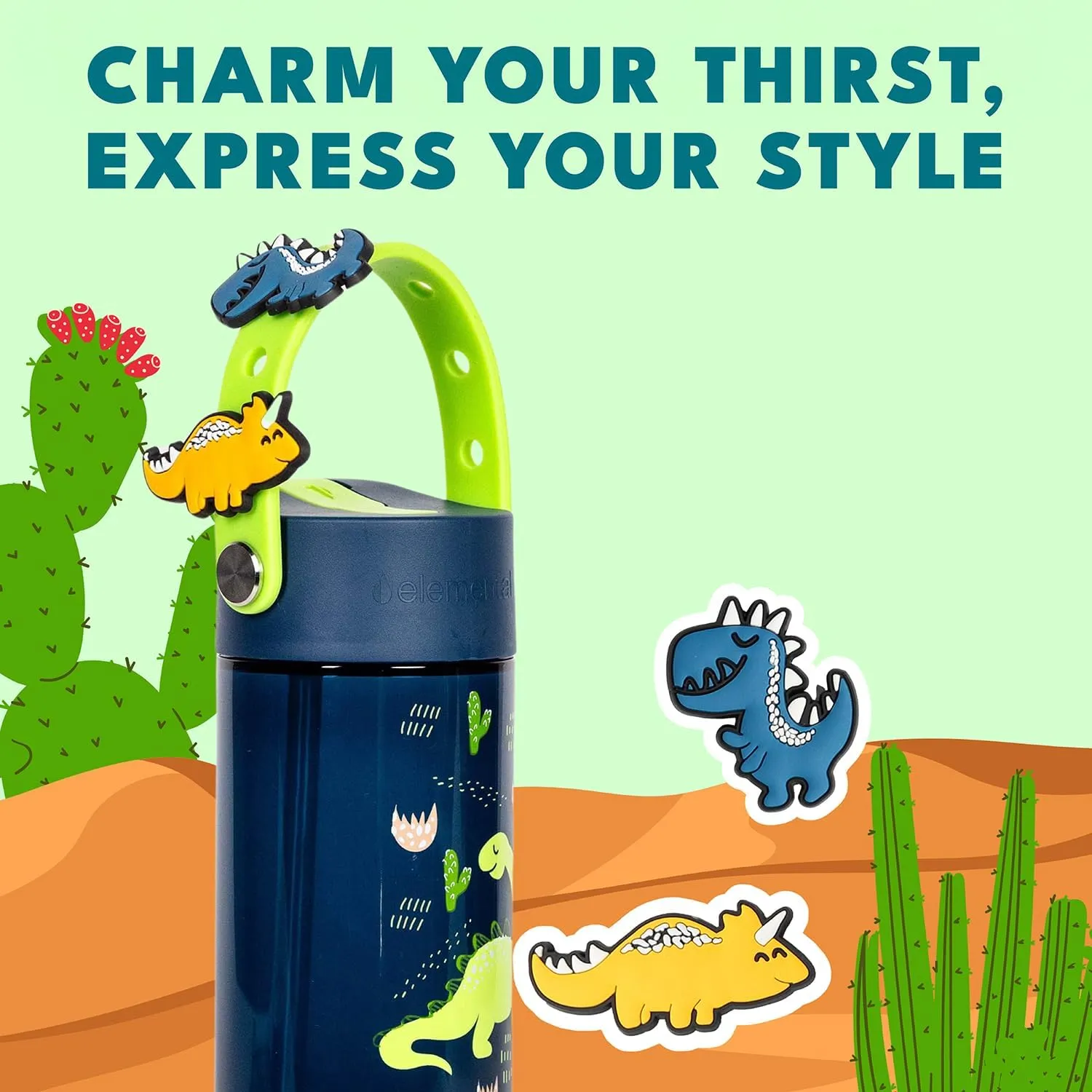 Elemental Water Bottles for Kids - Splash Kids Water Bottle for School with Fun Charm Handle - BPA Free Tritan Plastic Bottle with Straw Leak Proof When Spout is Closed - 18oz - Dinosaur Friends