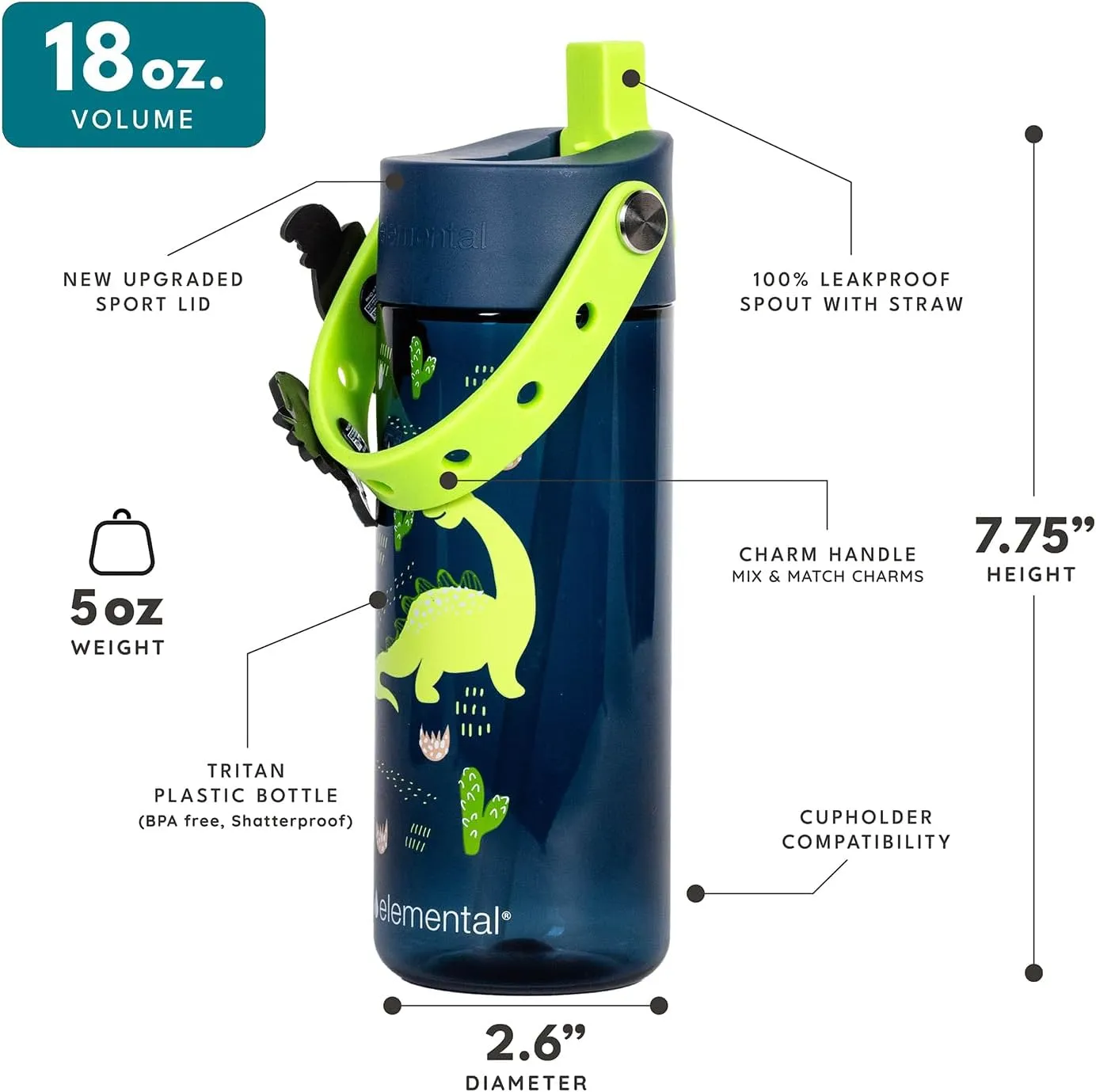 Elemental Water Bottles for Kids - Splash Kids Water Bottle for School with Fun Charm Handle - BPA Free Tritan Plastic Bottle with Straw Leak Proof When Spout is Closed - 18oz - Dinosaur Friends