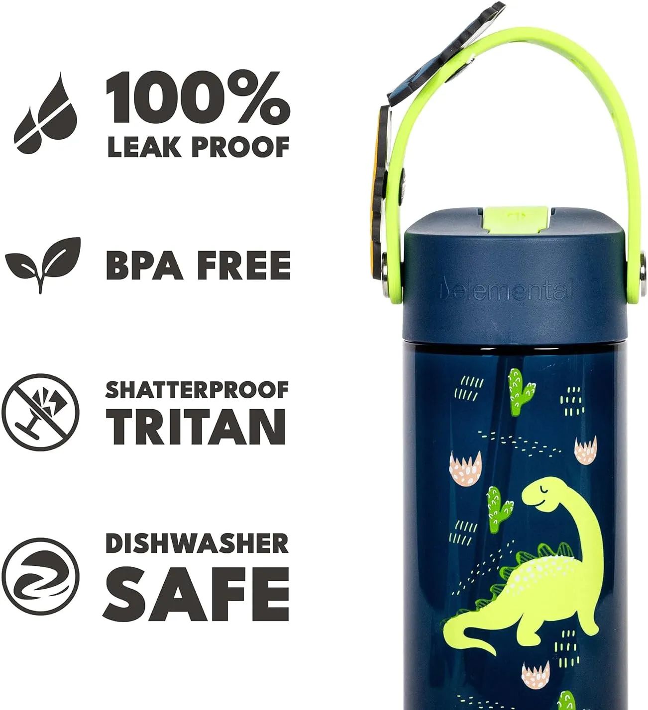 Elemental Water Bottles for Kids - Splash Kids Water Bottle for School with Fun Charm Handle - BPA Free Tritan Plastic Bottle with Straw Leak Proof When Spout is Closed - 18oz - Dinosaur Friends