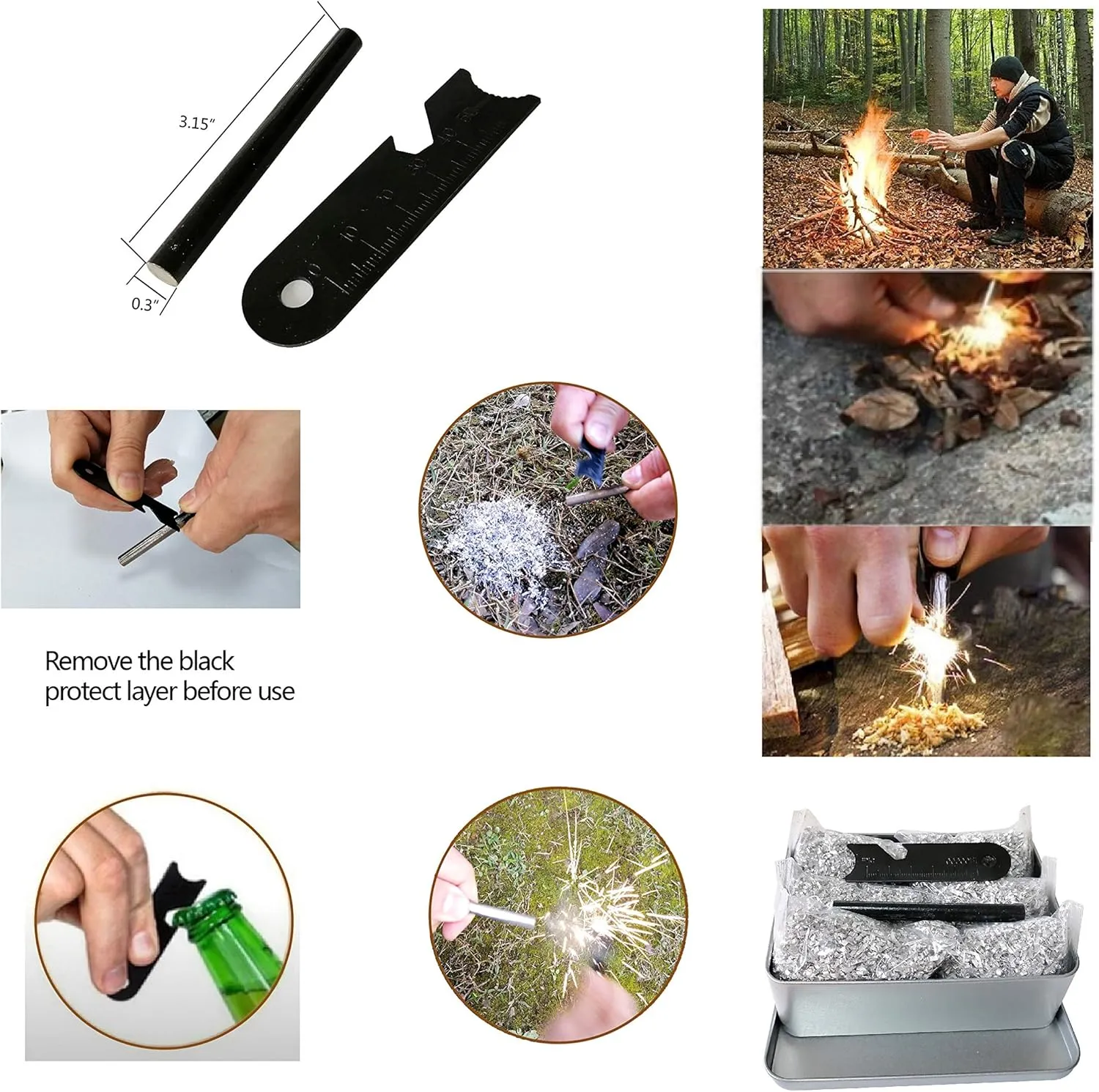 Emergency Fire Starter 3.15" Ferro Rod Striker Magnesium 6 Bags Waterproof Tin Box for Camping Hiking Bushcraft Backpacking Outdoor Survival Bug Out Bag Prepareness