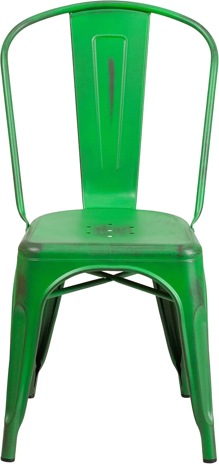 EMMA   OLIVER Commercial Grade Distressed Green Metal Indoor-Outdoor Stackable Chair