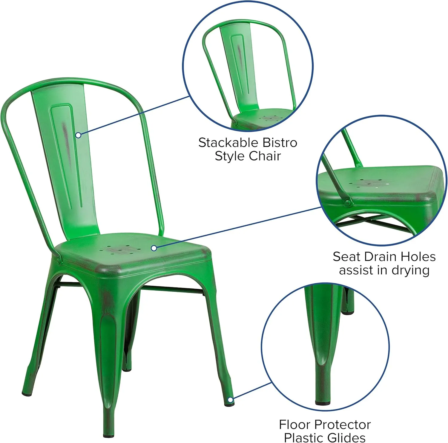 EMMA   OLIVER Commercial Grade Distressed Green Metal Indoor-Outdoor Stackable Chair