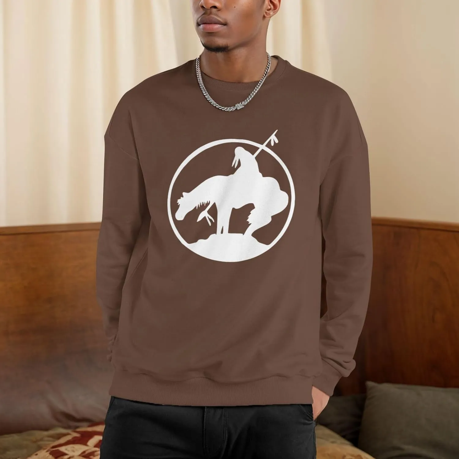 End Trail Native American Indian Warrior Mans Fleece Crewneck Hoodie Hooded