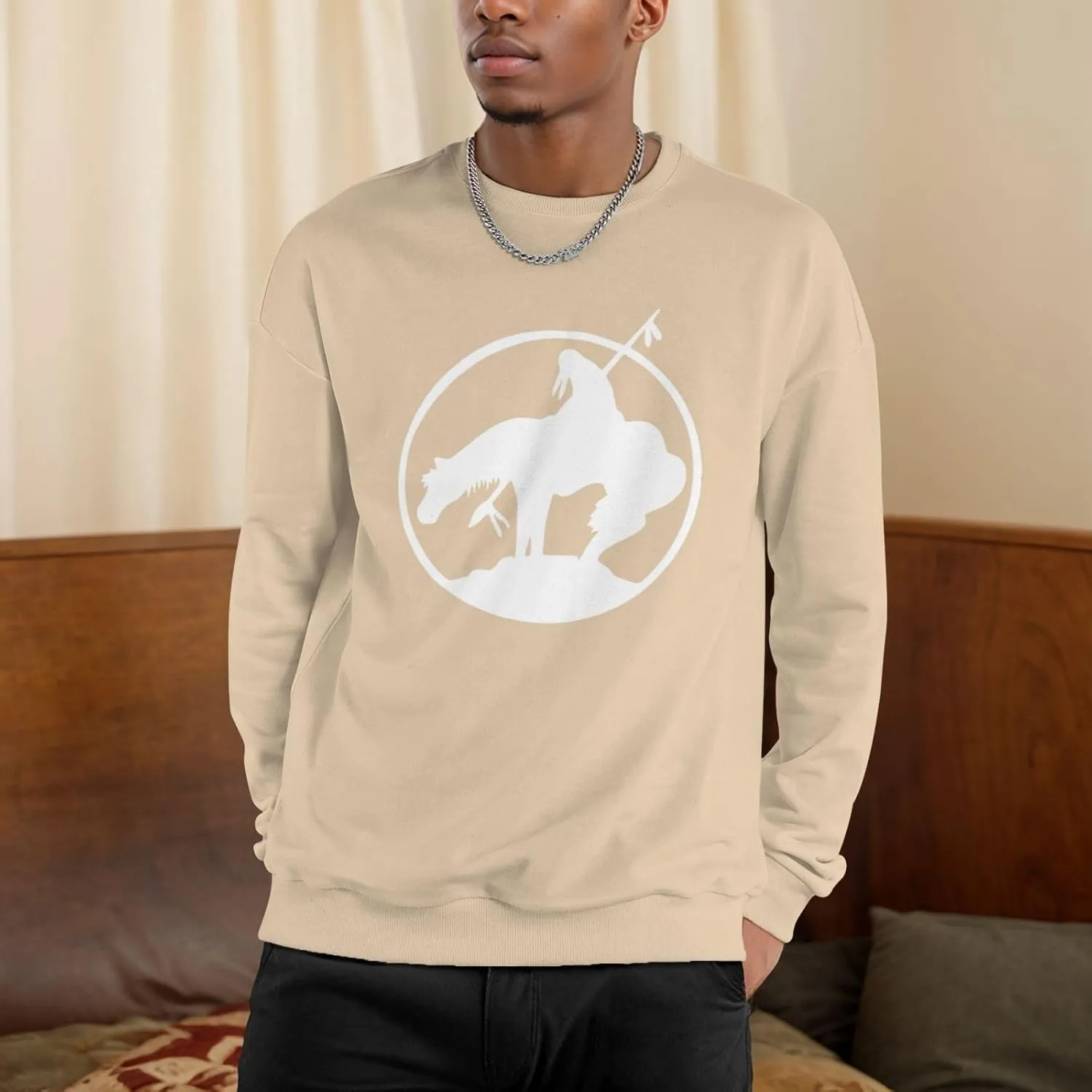 End Trail Native American Indian Warrior Mans Fleece Crewneck Hoodie Hooded