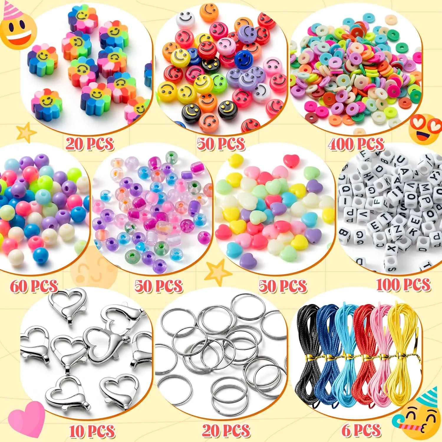 ERguanfoiun 766 Pcs DIY Bag Charms Keychain Making Crafts Kits - Colorful Flower Smile Polymer Clay Letter Heart Bead Bracelets Making Jewelry Key Ring Accessories Supplies Mother's Day Teacher Gift