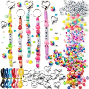 ERguanfoiun 766 Pcs DIY Bag Charms Keychain Making Crafts Kits - Colorful Flower Smile Polymer Clay Letter Heart Bead Bracelets Making Jewelry Key Ring Accessories Supplies Mother's Day Teacher Gift