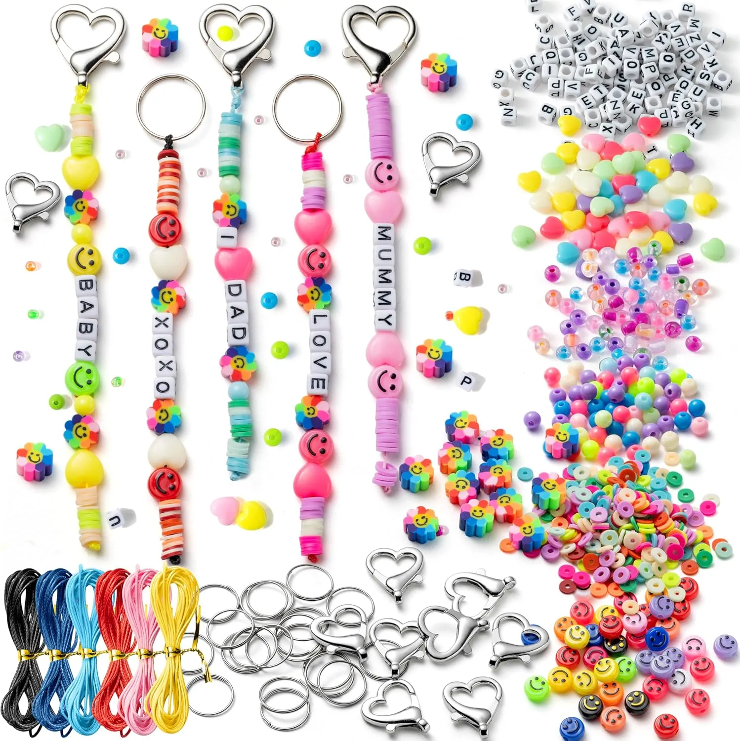 ERguanfoiun 766 Pcs DIY Bag Charms Keychain Making Crafts Kits - Colorful Flower Smile Polymer Clay Letter Heart Bead Bracelets Making Jewelry Key Ring Accessories Supplies Mother's Day Teacher Gift