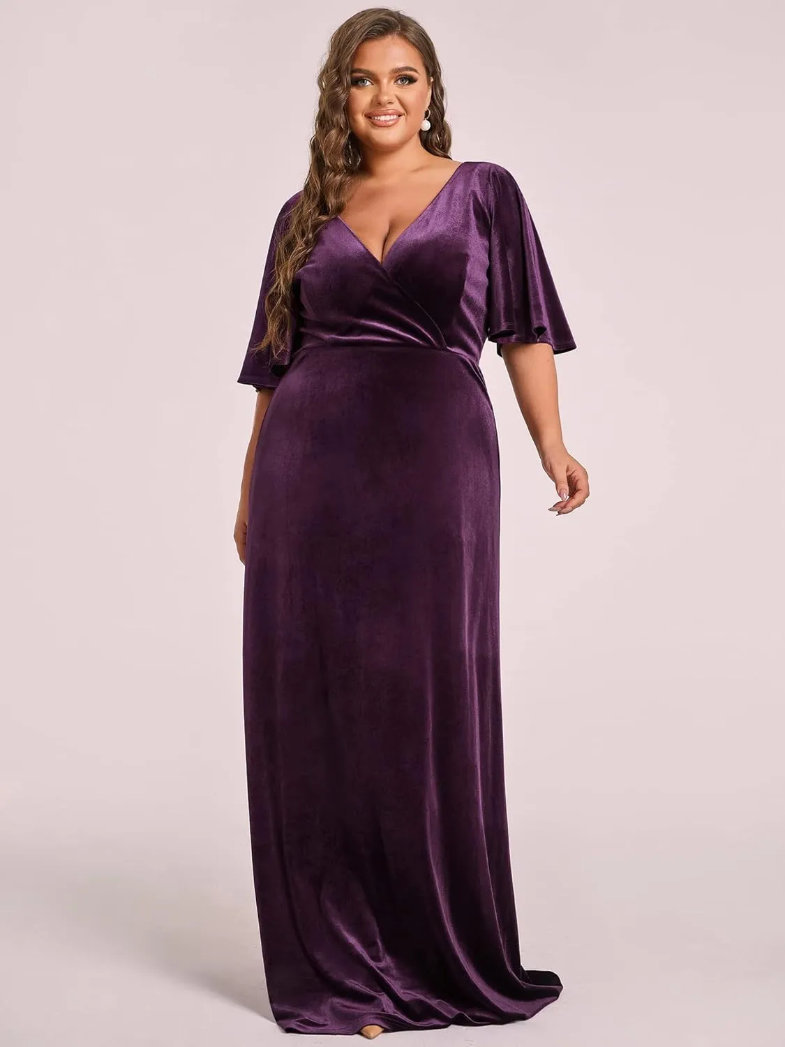 Ever-Pretty Women's Retro V-Neck Ruffles Sleeves A-line Velvet Maxi Winter Plus Size Formal Dress 00861-DA