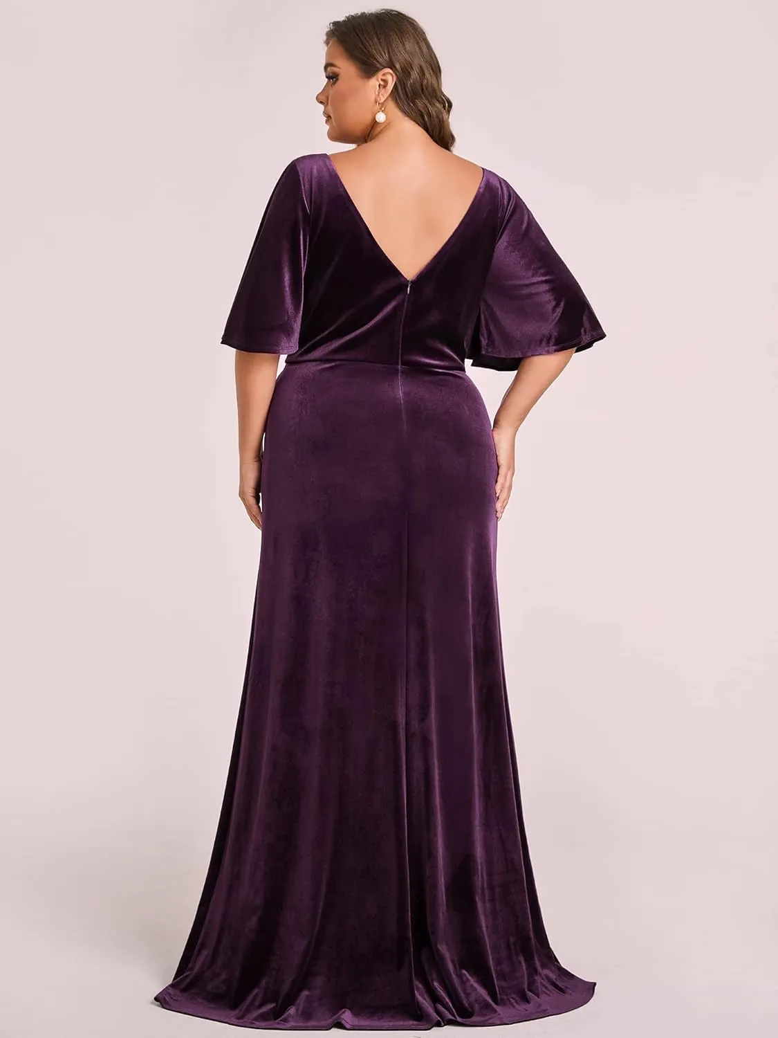 Ever-Pretty Women's Retro V-Neck Ruffles Sleeves A-line Velvet Maxi Winter Plus Size Formal Dress 00861-DA