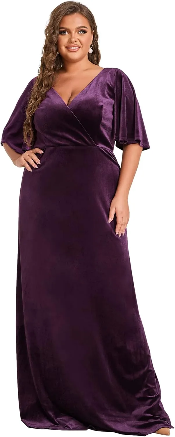Ever-Pretty Women's Retro V-Neck Ruffles Sleeves A-line Velvet Maxi Winter Plus Size Formal Dress 00861-DA
