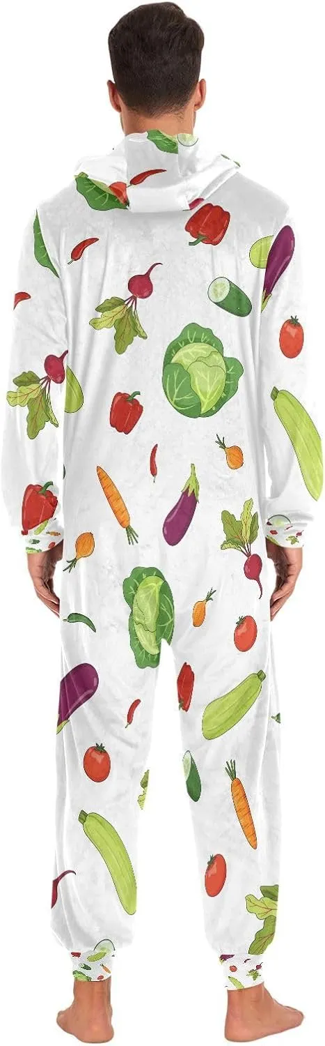 Exnundod Adult Onesie Pajamas for Women Men Watercolor Vegetables Summer Costume Hooded Sleepwear Outfit Jumpsuit S-XL