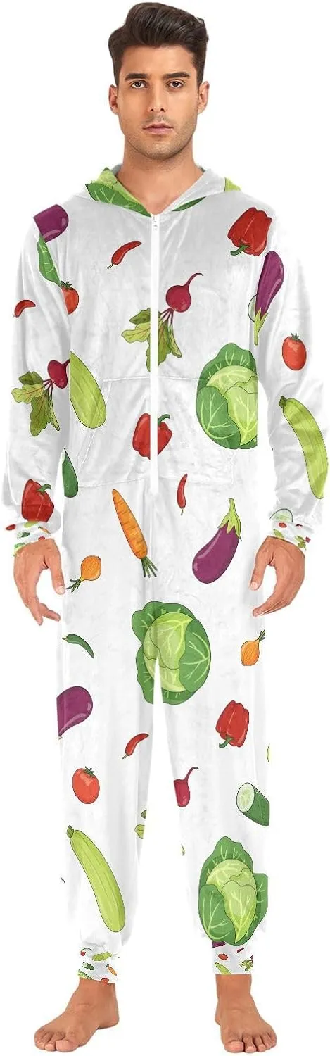 Exnundod Adult Onesie Pajamas for Women Men Watercolor Vegetables Summer Costume Hooded Sleepwear Outfit Jumpsuit S-XL