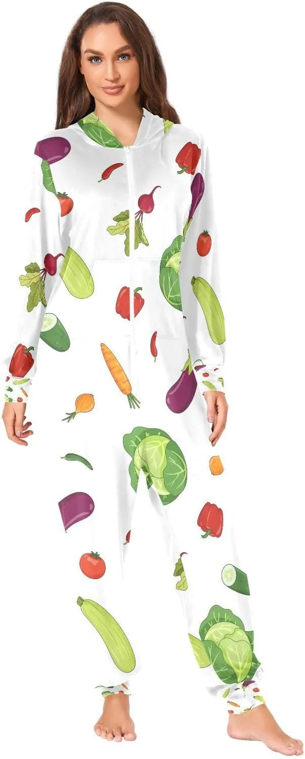 Exnundod Adult Onesie Pajamas for Women Men Watercolor Vegetables Summer Costume Hooded Sleepwear Outfit Jumpsuit S-XL