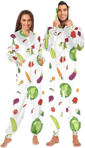 Exnundod Adult Onesie Pajamas for Women Men Watercolor Vegetables Summer Costume Hooded Sleepwear Outfit Jumpsuit S-XL