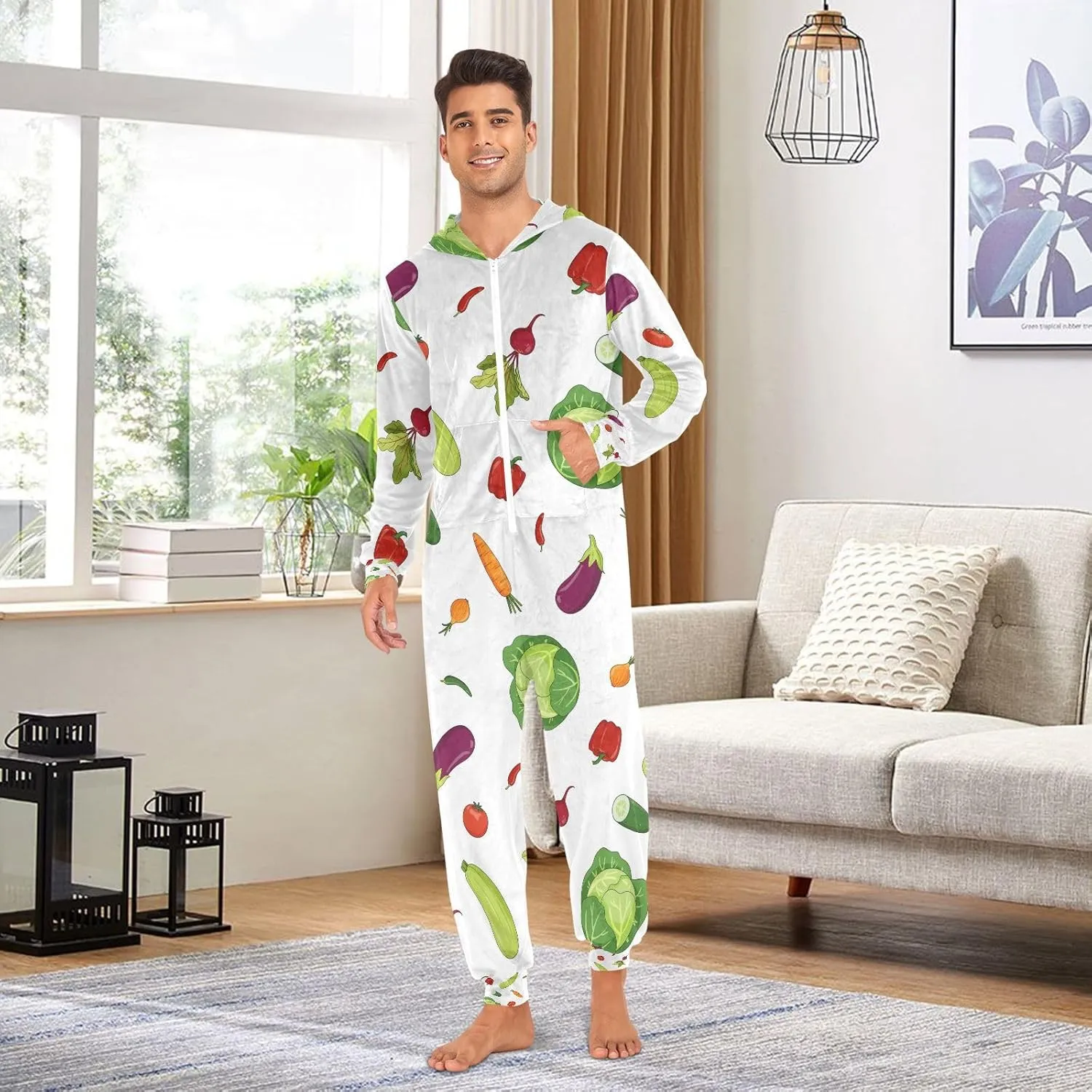 Exnundod Adult Onesie Pajamas for Women Men Watercolor Vegetables Summer Costume Hooded Sleepwear Outfit Jumpsuit S-XL