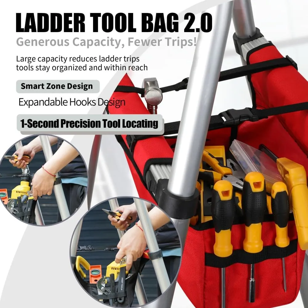 Extension Ladder Tool Tray Bag 2.0, Smart Zones & Functions for Scissor or Step Ladders Accessory, Red