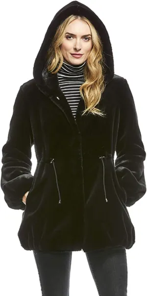 Fabulous-Furs Donna Salyers Black Sheared Beaver Hooded Faux Fur Anorak Coat, Black, X-Small