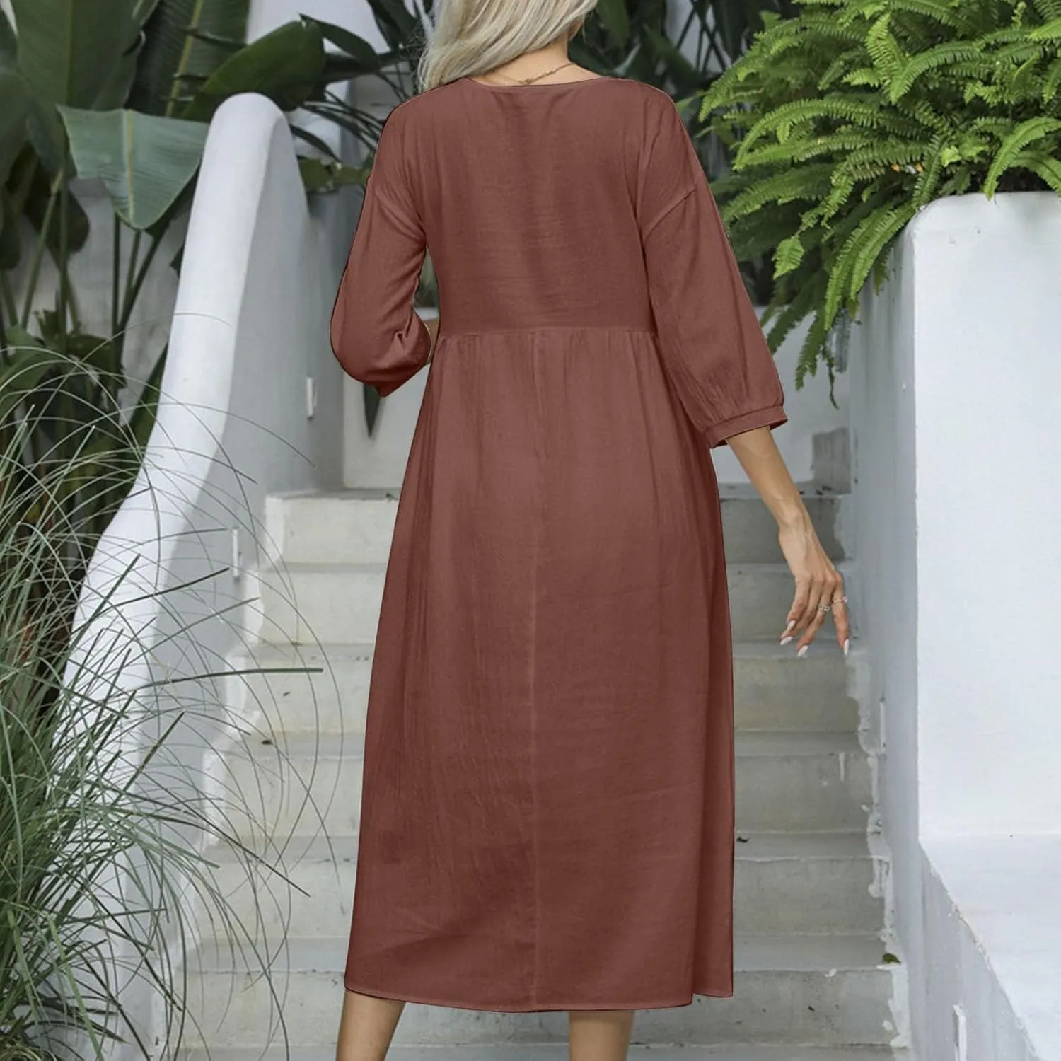 Fall Dresses for Women Cotton Linen Causal Half Sleeve Crewneck Elastic Waist Solid Loose Fit Oversized Linen Dresses