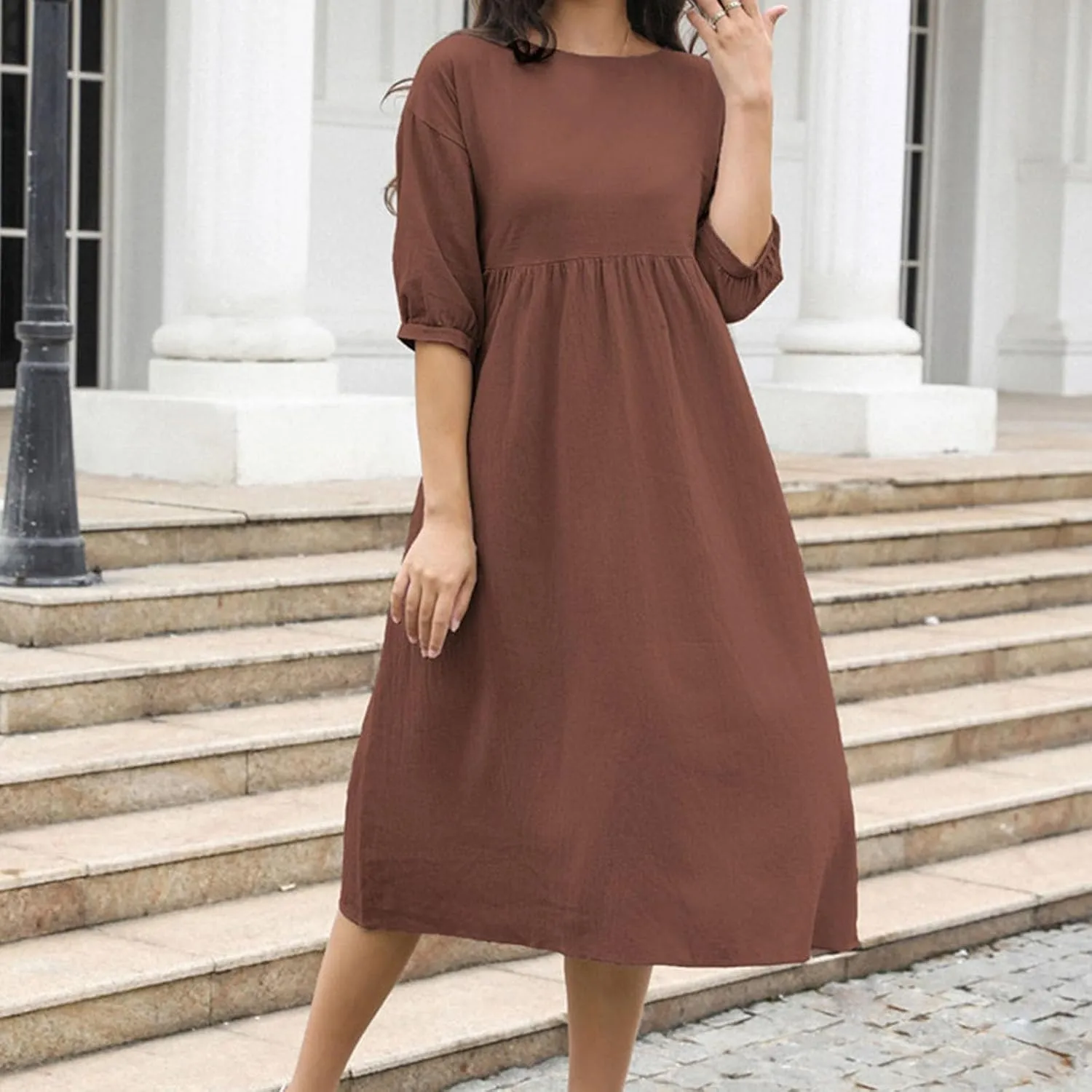 Fall Dresses for Women Cotton Linen Causal Half Sleeve Crewneck Elastic Waist Solid Loose Fit Oversized Linen Dresses