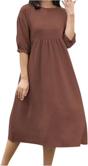 Fall Dresses for Women Cotton Linen Causal Half Sleeve Crewneck Elastic Waist Solid Loose Fit Oversized Linen Dresses