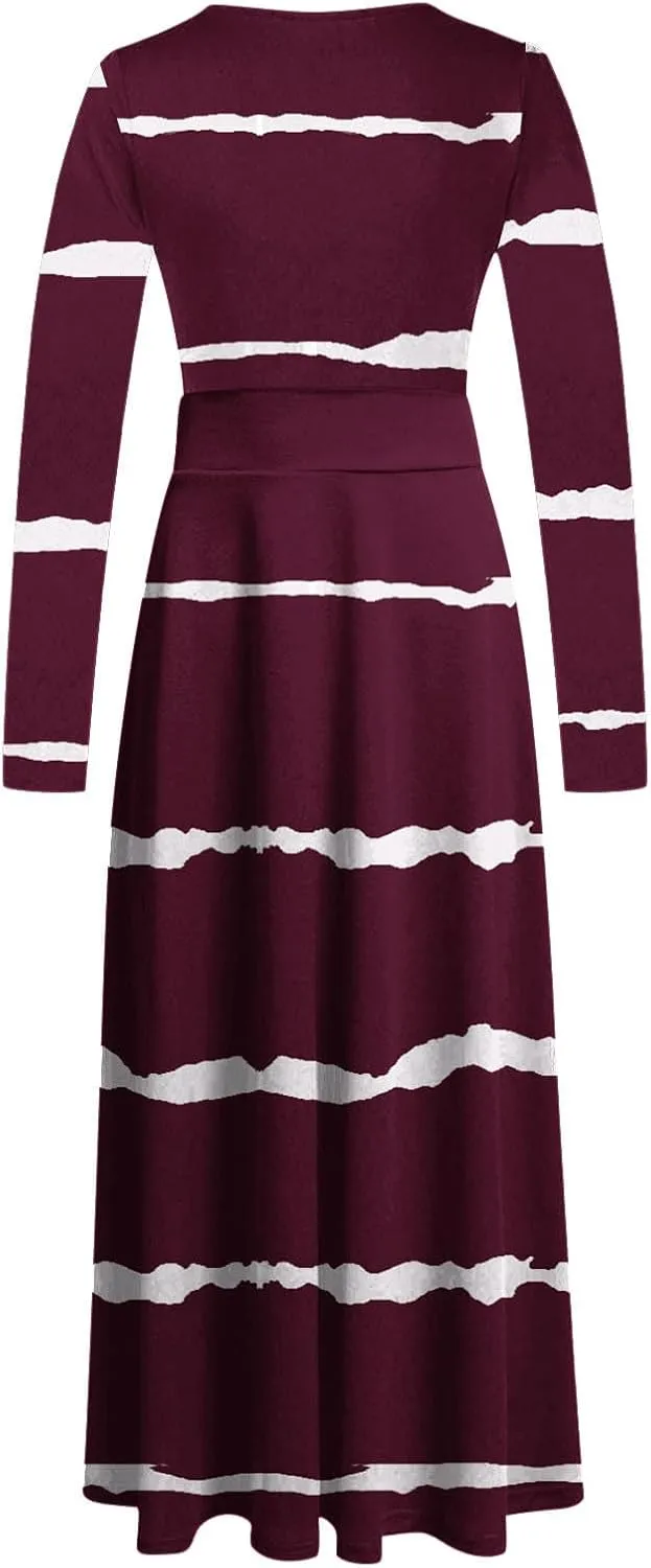 Fall Floral Dresses for Women 2024 Fashion Striped Elastic Waist Causal Boho Dress Plus Size Crewneck Oversized Dress