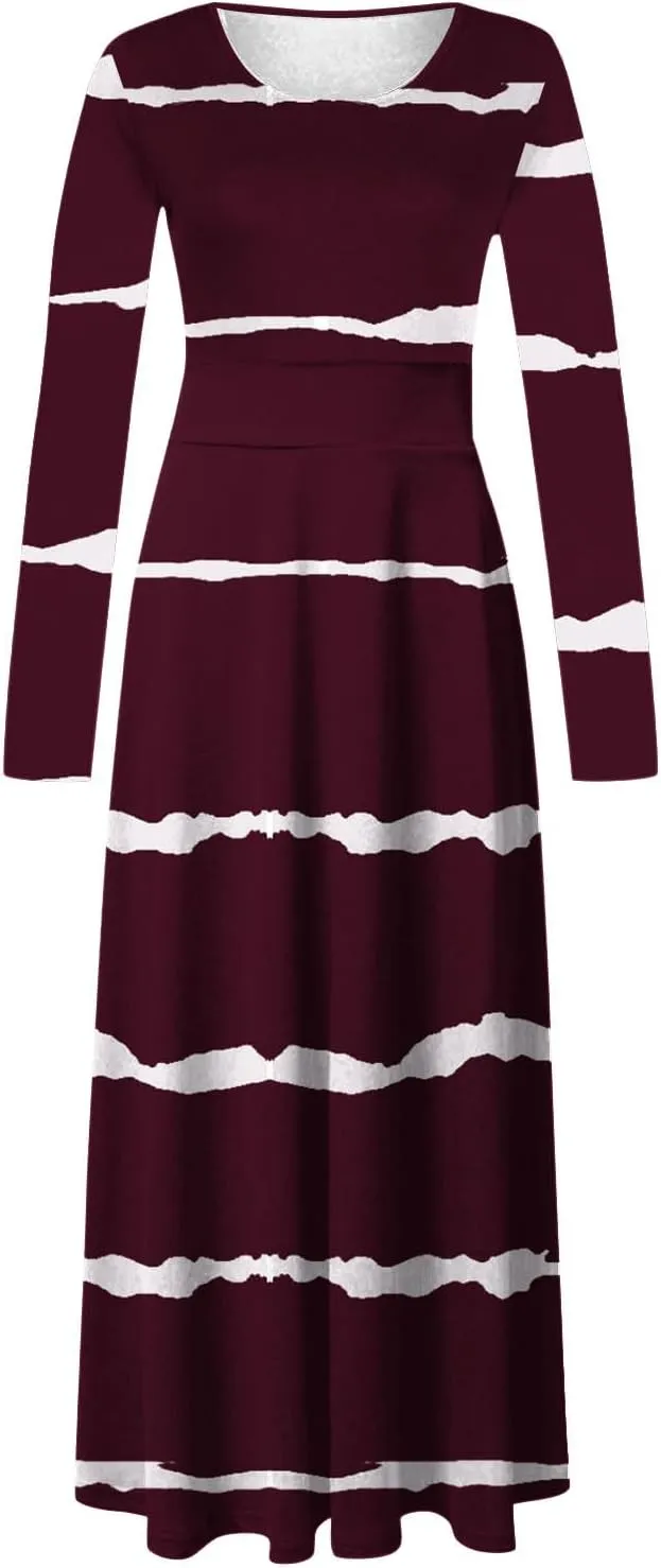 Fall Floral Dresses for Women 2024 Fashion Striped Elastic Waist Causal Boho Dress Plus Size Crewneck Oversized Dress