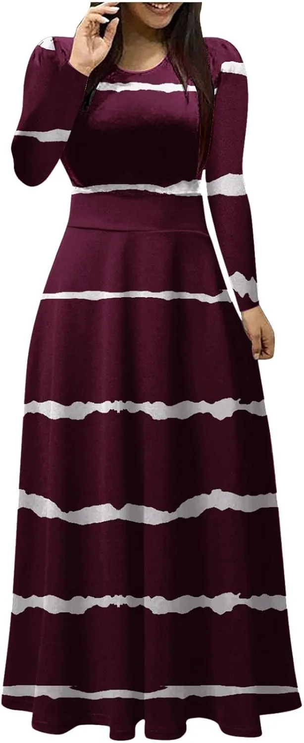 Fall Floral Dresses for Women 2024 Fashion Striped Elastic Waist Causal Boho Dress Plus Size Crewneck Oversized Dress