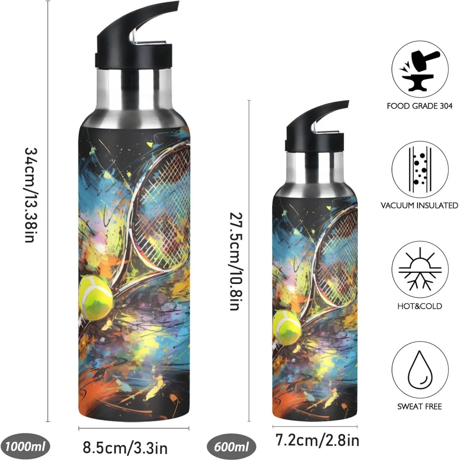 Fancy Artwork Tennis Water Bottle Insulated Thermos Sport Vacuum Cup Stainless Steel Jug for Coffee Tea