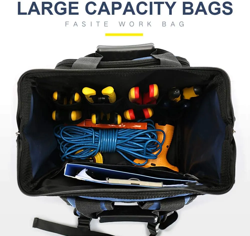 FASITE Tool Bag Backpack, Heavy Duty Durable Electrician Work Pack for Hand Tools, Waterproof Tool Storage & Organizer for a Contractor, Plumber, HVAC, Cable Repairman, Blue