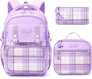 Fimibuke Kids Backpack for Girls, 3 PCS Waterproof Teens Girls School Backpack with Lunch Box, Pencil Pouch Set, Cute Bookbag Travel School Bag for Elementary Middle High School Student Age 6 (Purple)