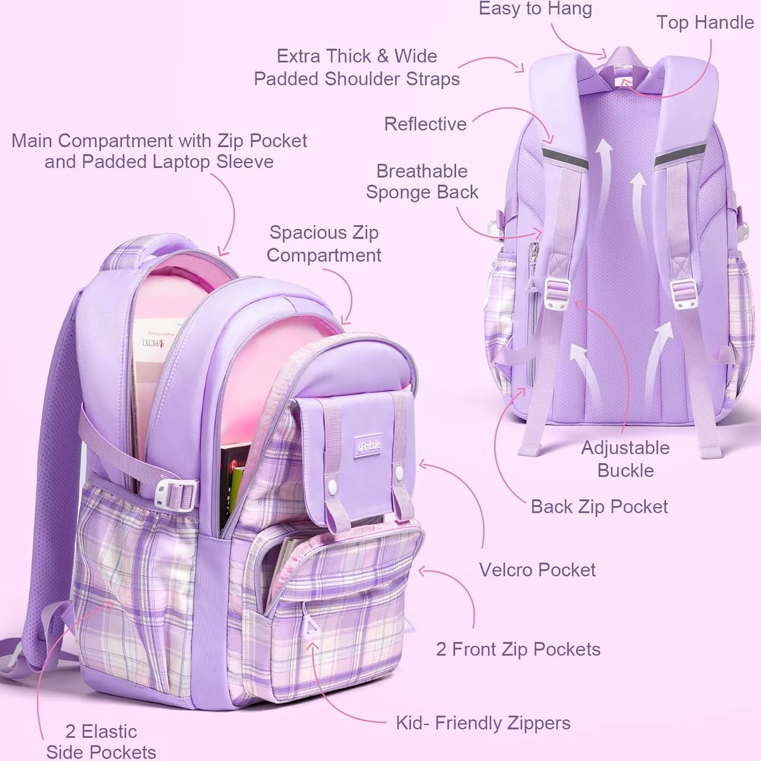 Fimibuke Kids Backpack for Girls, 3 PCS Waterproof Teens Girls School Backpack with Lunch Box, Pencil Pouch Set, Cute Bookbag Travel School Bag for Elementary Middle High School Student Age 6 (Purple)