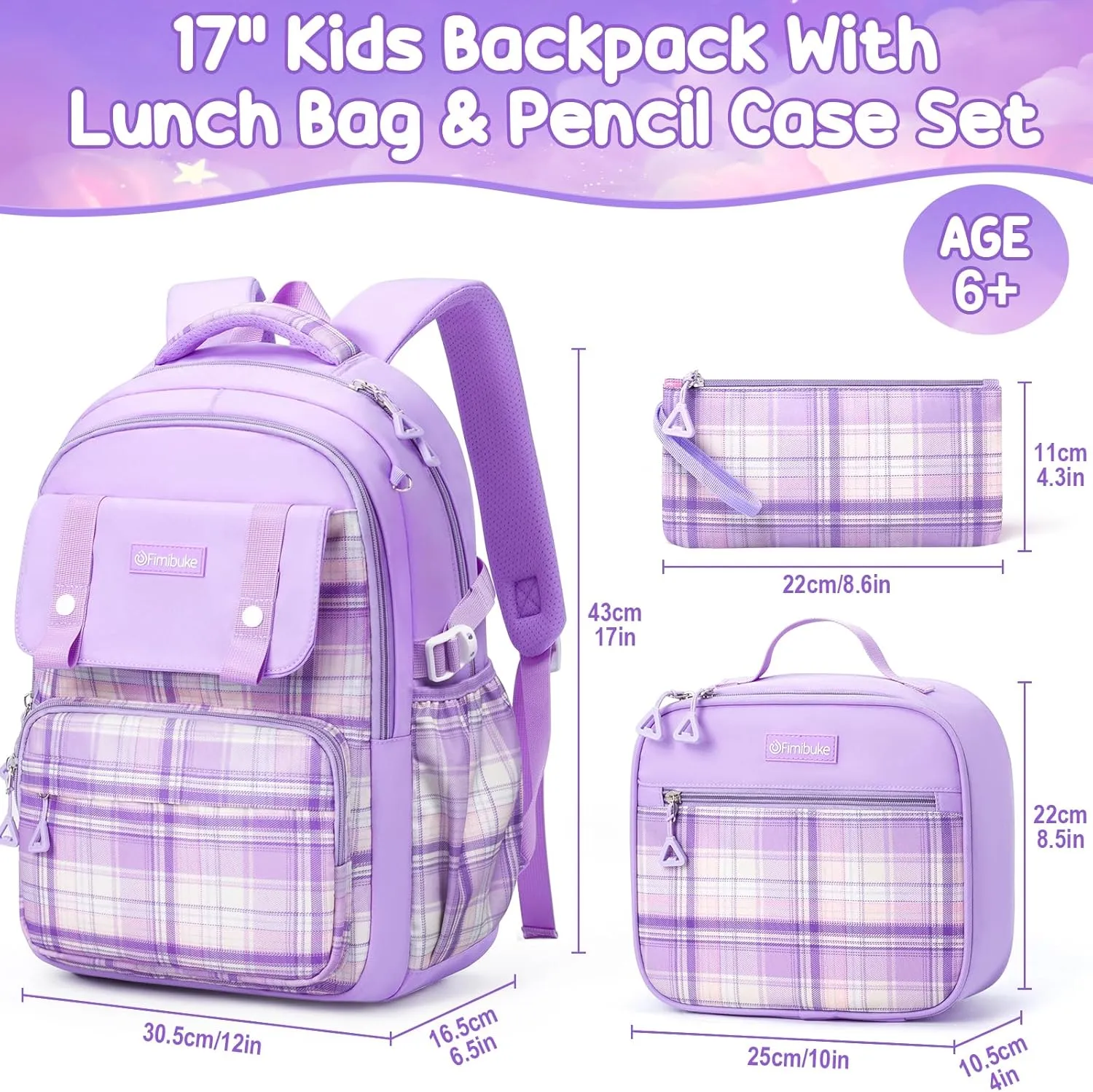 Fimibuke Kids Backpack for Girls, 3 PCS Waterproof Teens Girls School Backpack with Lunch Box, Pencil Pouch Set, Cute Bookbag Travel School Bag for Elementary Middle High School Student Age 6 (Purple)