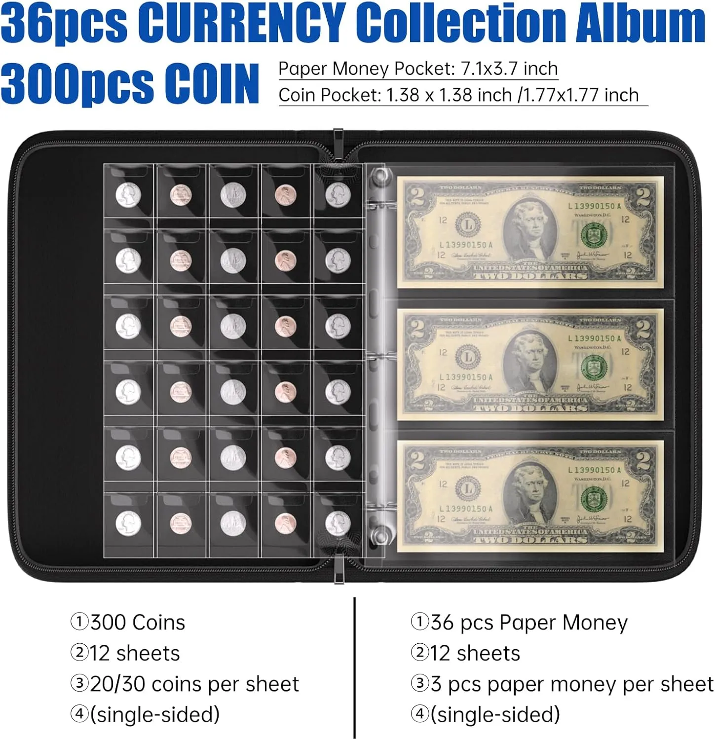 Fireproof Coin Collection Book Holder for Collectors, 300 Pockets Coin Collection Supplies & 36 Sleeves Money Storage Case, Waterproof Coin Collector Gifts, Coin Album, Bill, Pennies, Quarters, Stamp