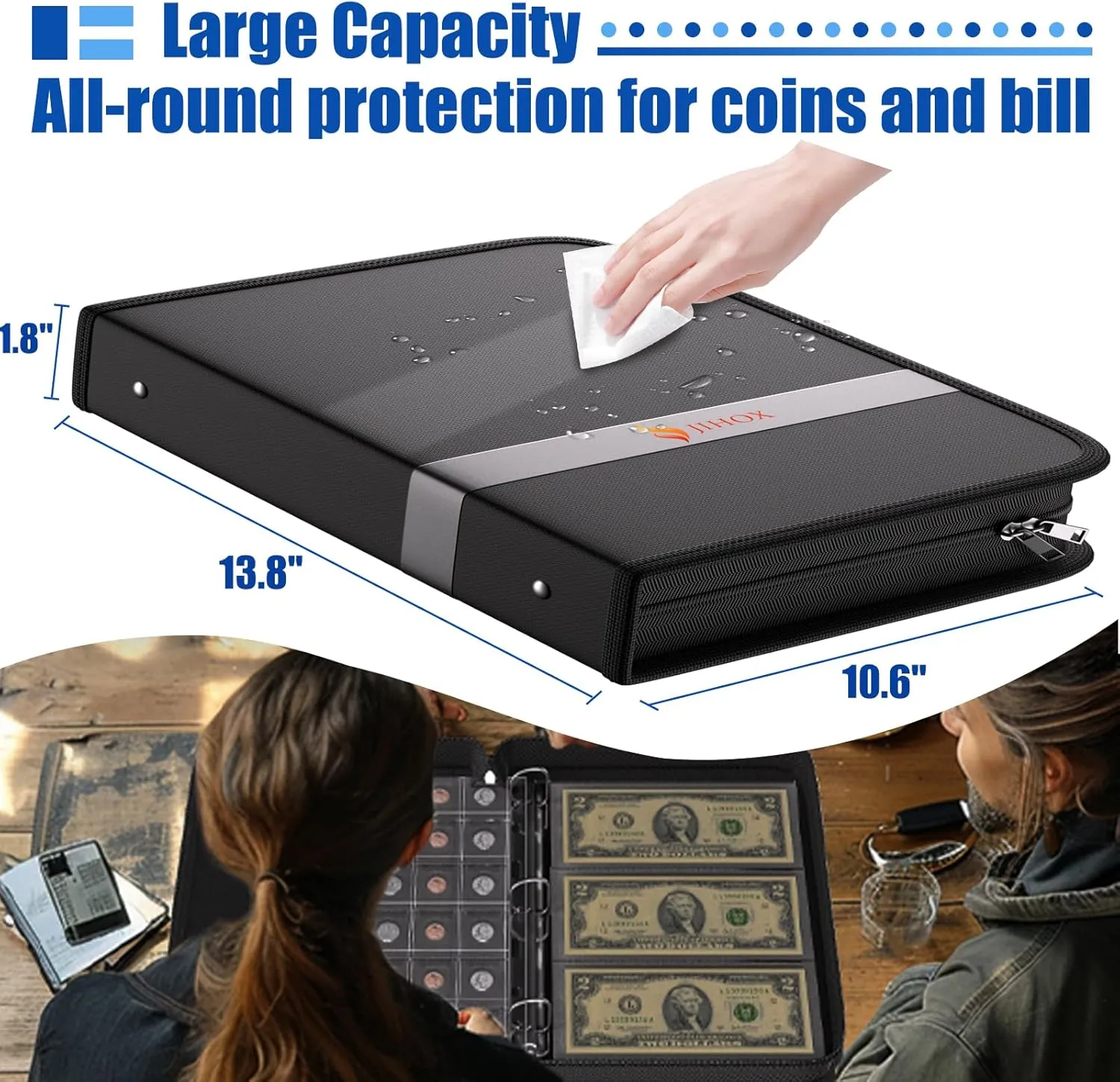Fireproof Coin Collection Book Holder for Collectors, 300 Pockets Coin Collection Supplies & 36 Sleeves Money Storage Case, Waterproof Coin Collector Gifts, Coin Album, Bill, Pennies, Quarters, Stamp