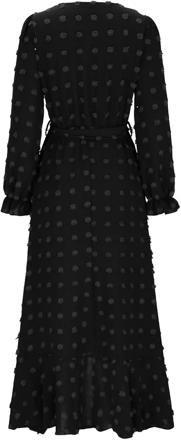 Formal Dresses for Women 2024 Elegant Sexy Long Sleeve Wrap V Neck Bohemian Dress Causal Tie Waist Asymmetrical Dress