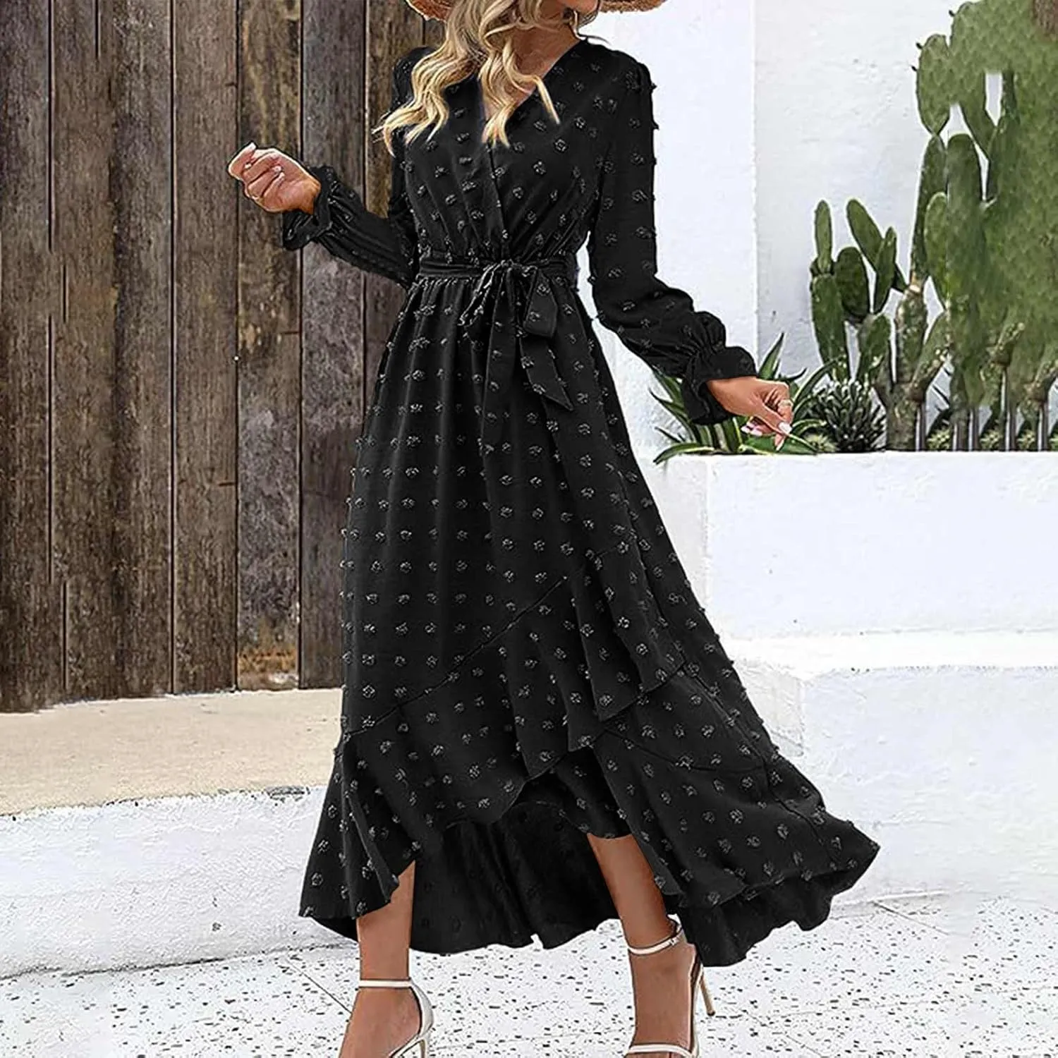 Formal Dresses for Women 2024 Elegant Sexy Long Sleeve Wrap V Neck Bohemian Dress Causal Tie Waist Asymmetrical Dress