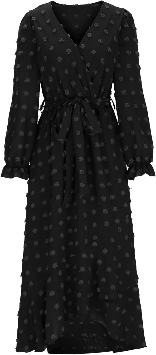 Formal Dresses for Women 2024 Elegant Sexy Long Sleeve Wrap V Neck Bohemian Dress Causal Tie Waist Asymmetrical Dress