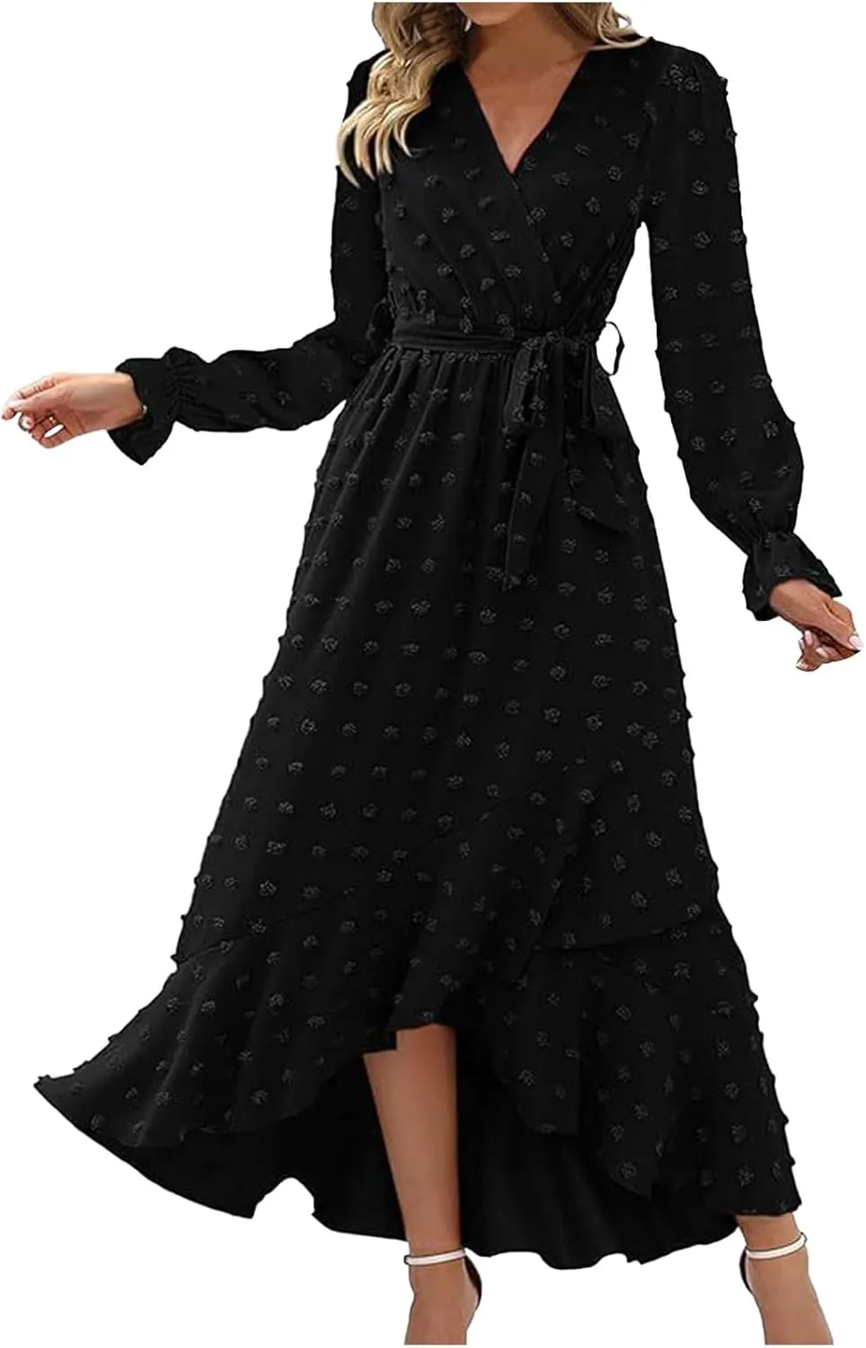 Formal Dresses for Women 2024 Elegant Sexy Long Sleeve Wrap V Neck Bohemian Dress Causal Tie Waist Asymmetrical Dress