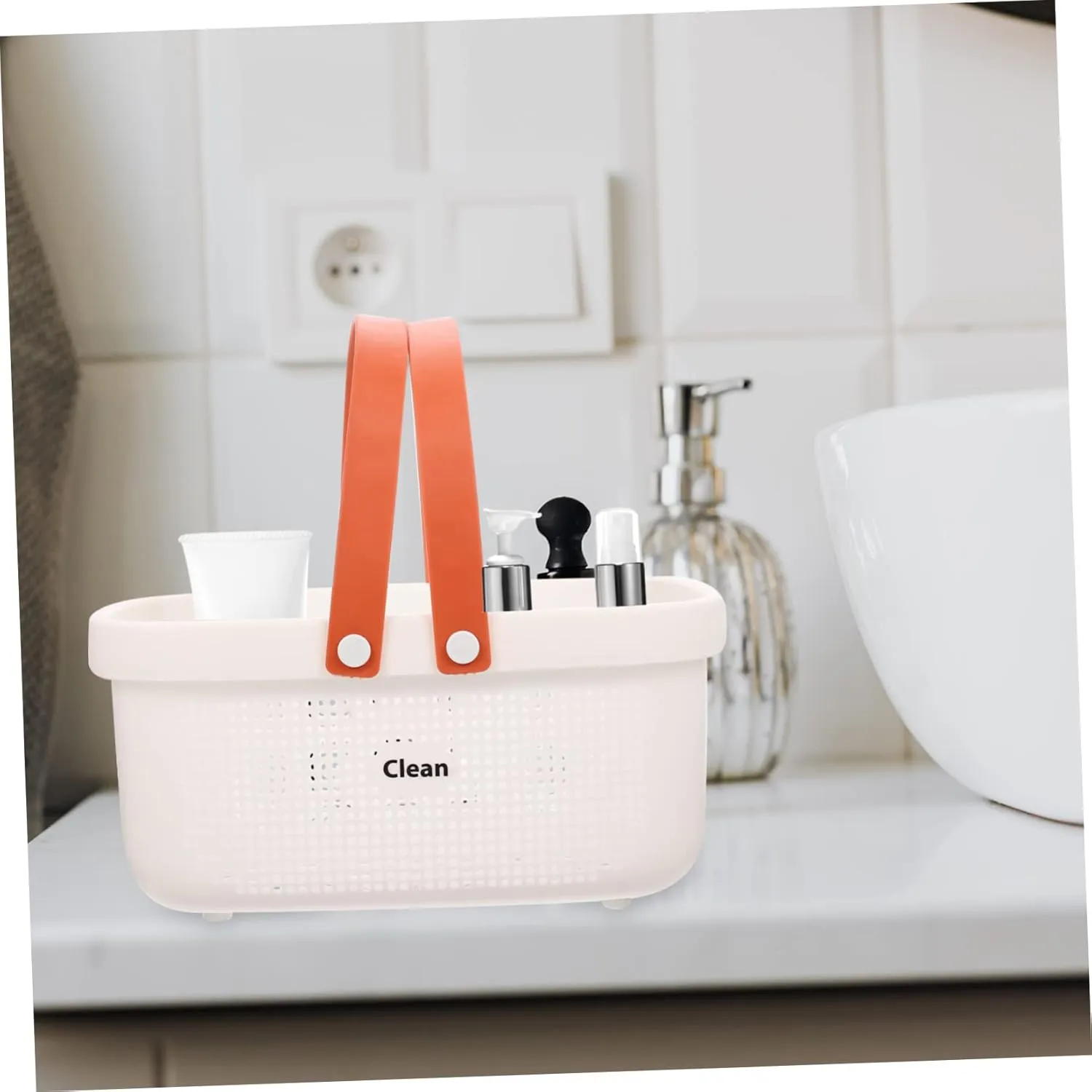 FRCOLOR Hollow-out Bathhouse Basket White Shower Drainer Bathroom Basket Cosmetics Storage