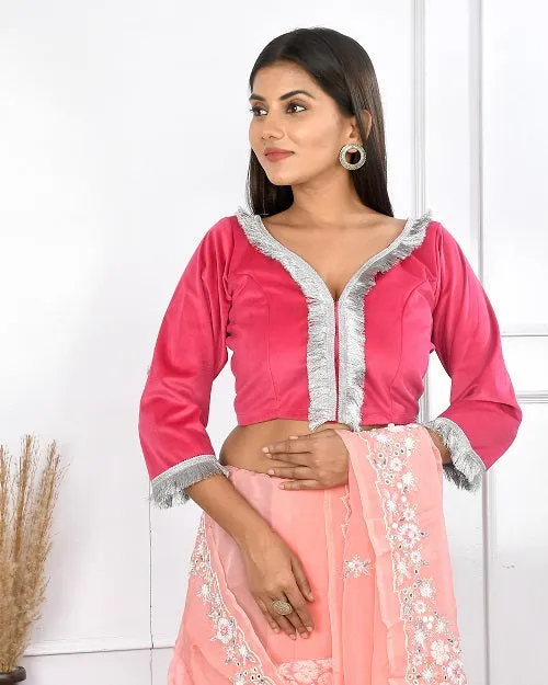 Fuchsia Pink Velvet Crop Top Style Blouse