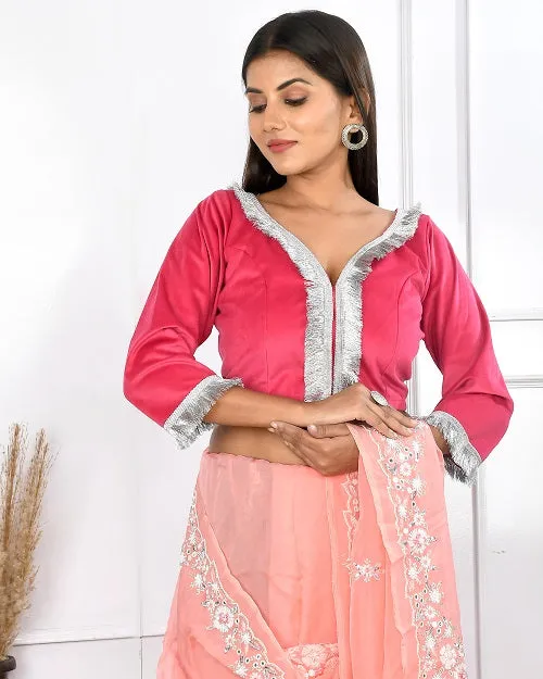 Fuchsia Pink Velvet Crop Top Style Blouse