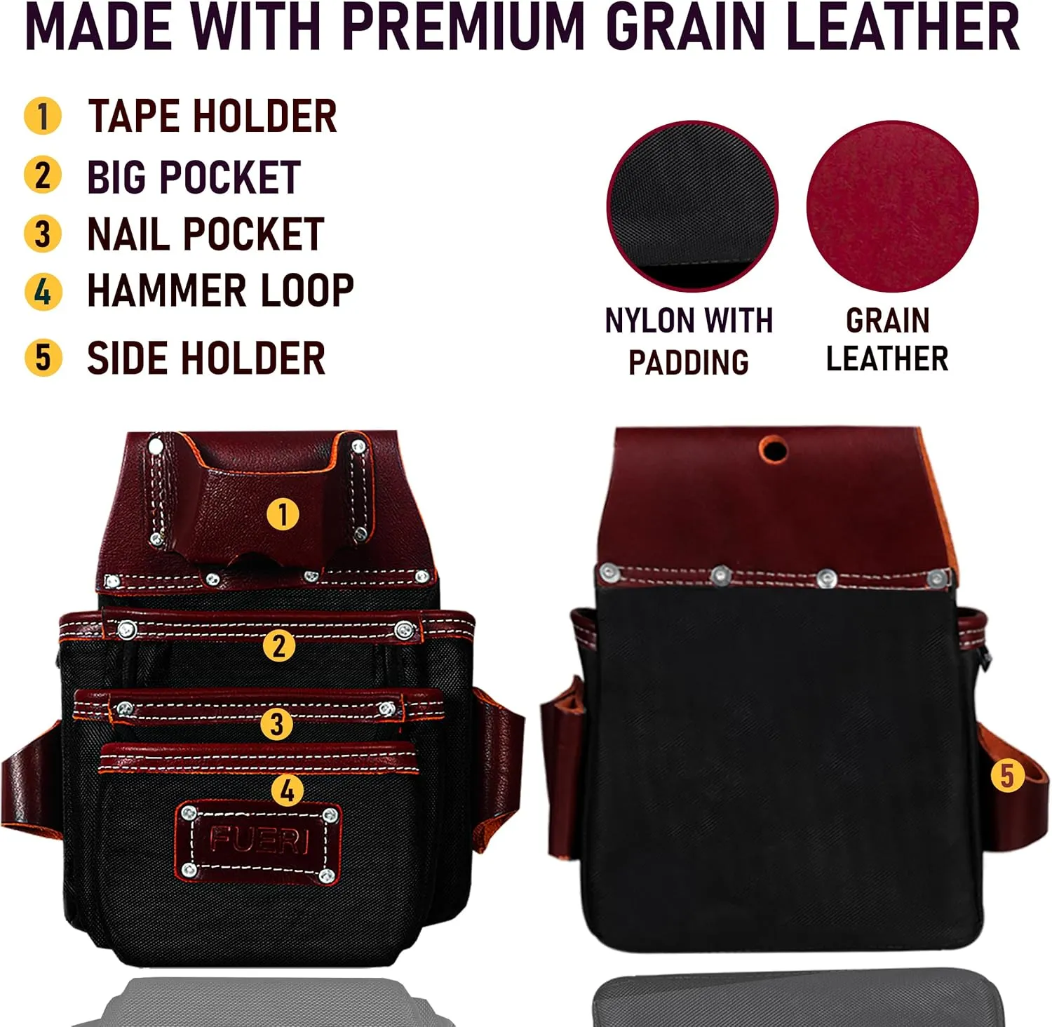 FUERI Tool Belt Men Heavy Duty 26 Pocket Tools Bags Pouches Holder Organizer for Carpenter Construction Electrician Framer Nylon Leather Work Belts Bag Pouch - Extra Large