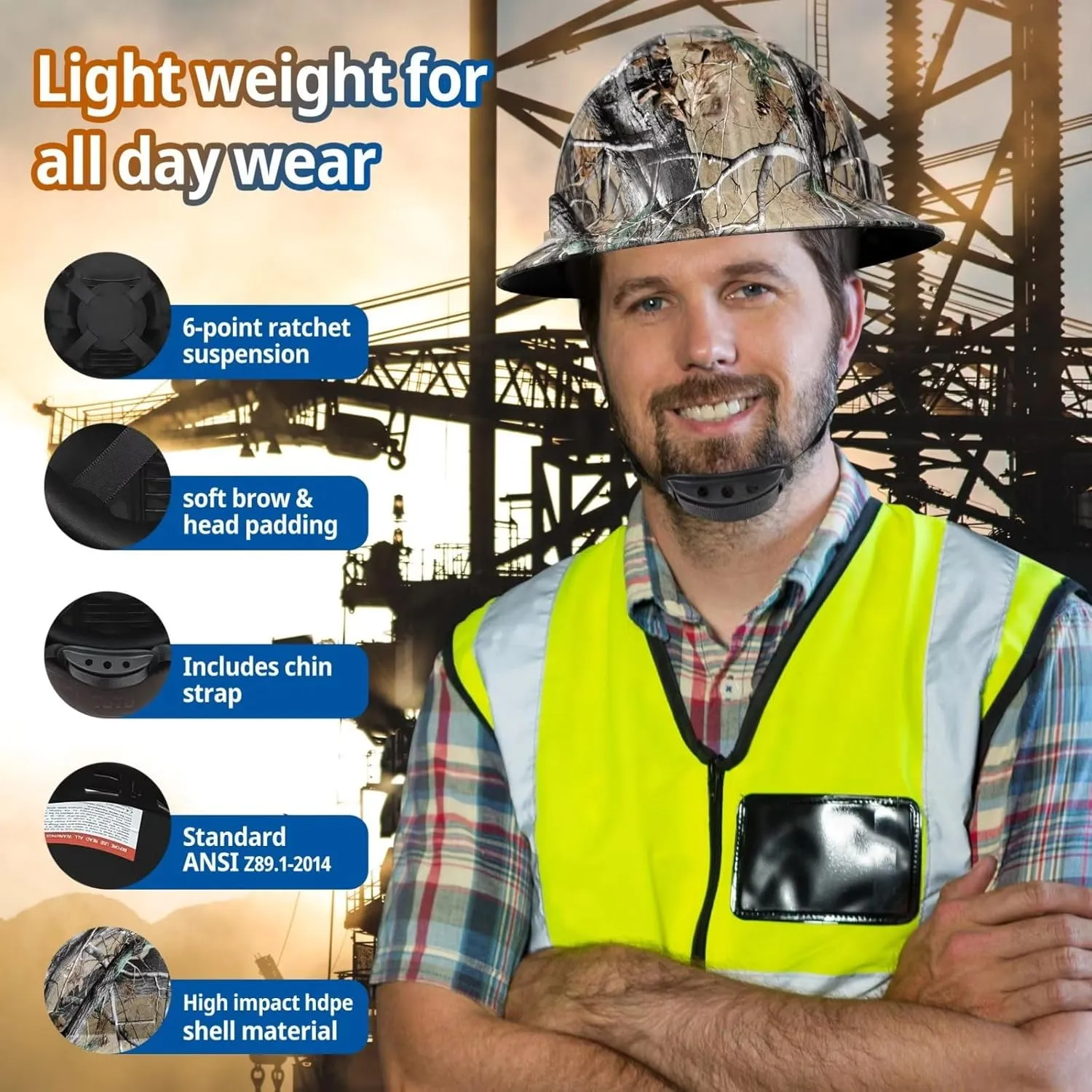 Full Brim Hard Hat - OSHA Safety Helmet Durable Lightweight Carbon Fiber Hard Hat, 6-Point Ratchet Suspension Protective Gear for Men and Women