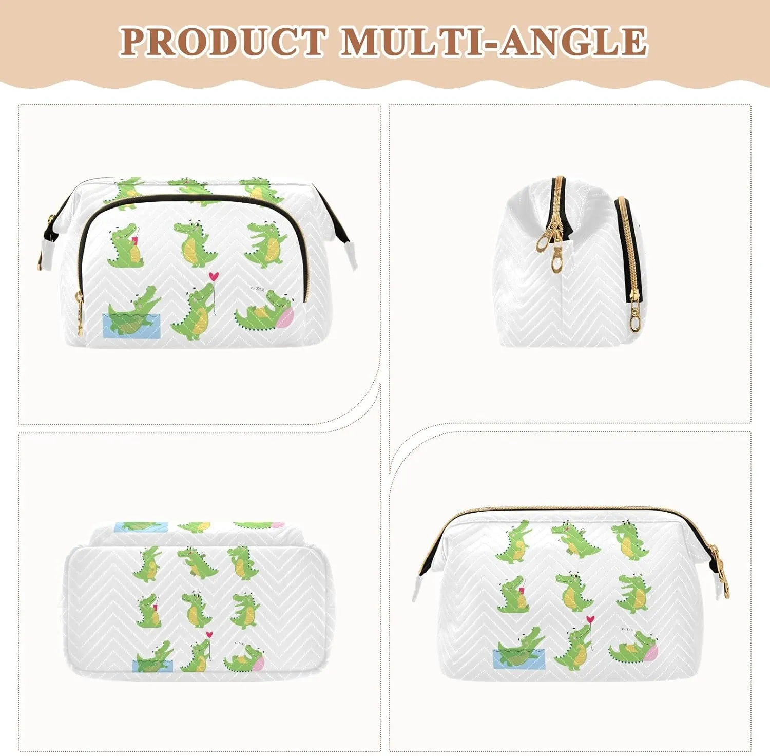 Funny Green Crocodiles with Different Actions Cute Alligator Predator Women Cosmetic Bag Makeup Bag Stylish Trip Beauty Bag Travel Toiletry Bag with Bottle Organizer 10.2 x 5.9 x 6.7 inch