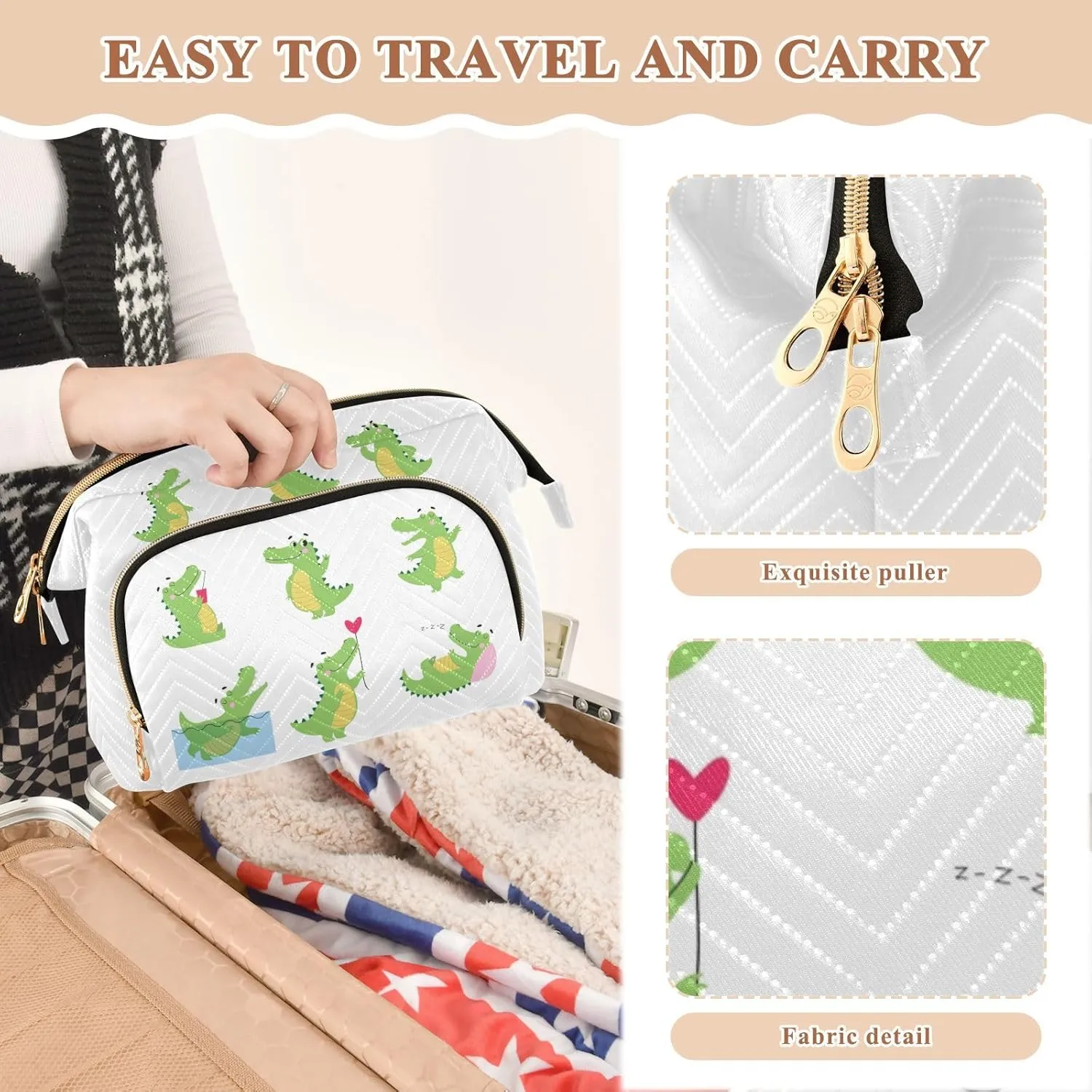 Funny Green Crocodiles with Different Actions Cute Alligator Predator Women Cosmetic Bag Makeup Bag Stylish Trip Beauty Bag Travel Toiletry Bag with Bottle Organizer 10.2 x 5.9 x 6.7 inch